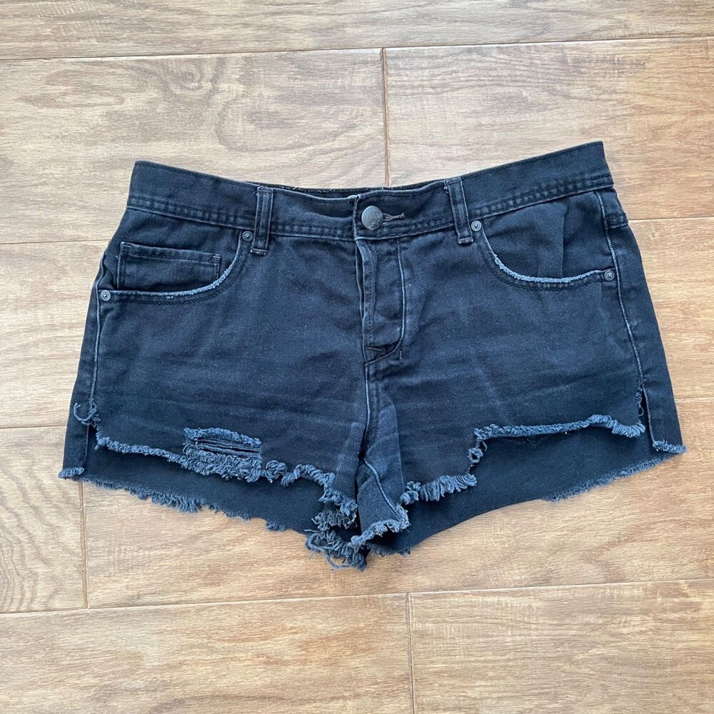 Free People Denim Shorts Size 29 Black Cutoff Raw Hem Distressed Button Fly